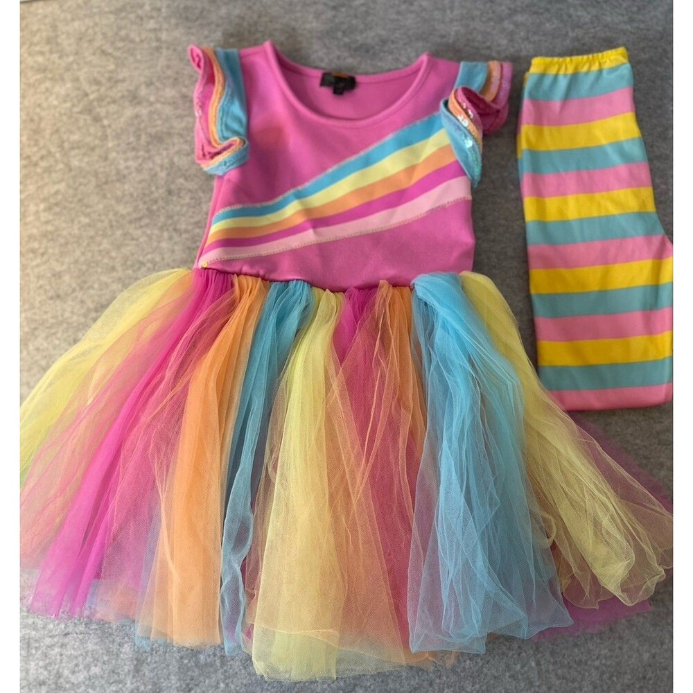 Rainbow Tutu Skater Dress Costume with Matching Striped Leggings Set Size 3-4T